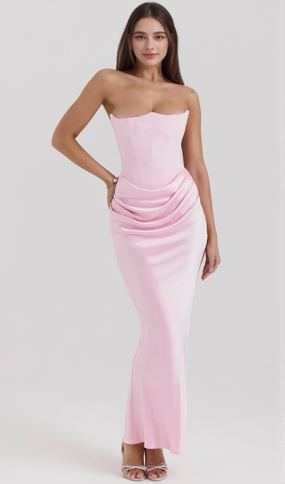 AIIZIE PINK VELVET STRAPLESS CORSET MAXI DRESS - product image