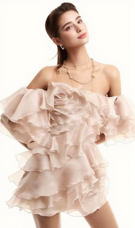 delia ruffle embellished  mini dress in beige