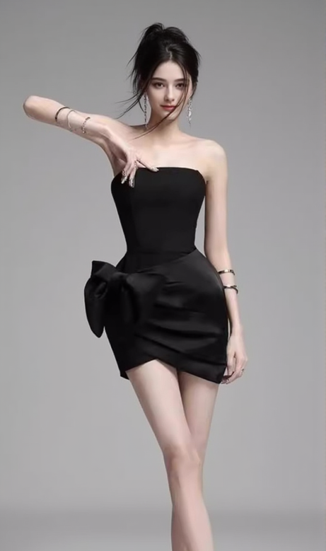 aurora ROSE BOW strapless mini DRESS in black