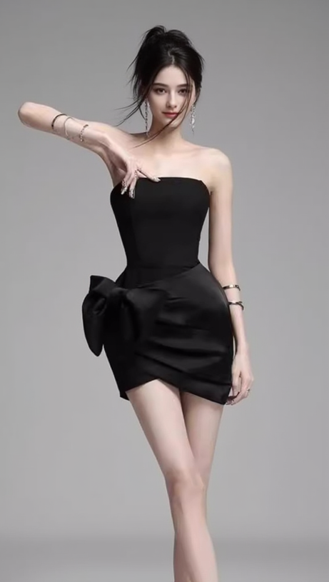 AURORA ROSE BOW STRAPLESS MINI DRESS IN BLACK