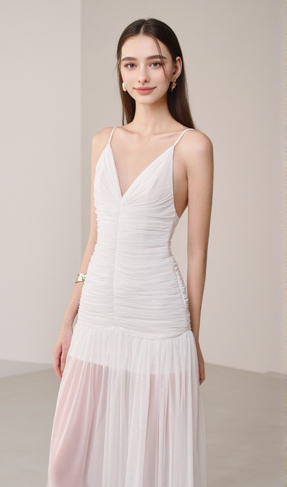 BELEN DROP WAIST SPAGHETTI STRAP ORGANZA MAXI DRESS IN WHITE