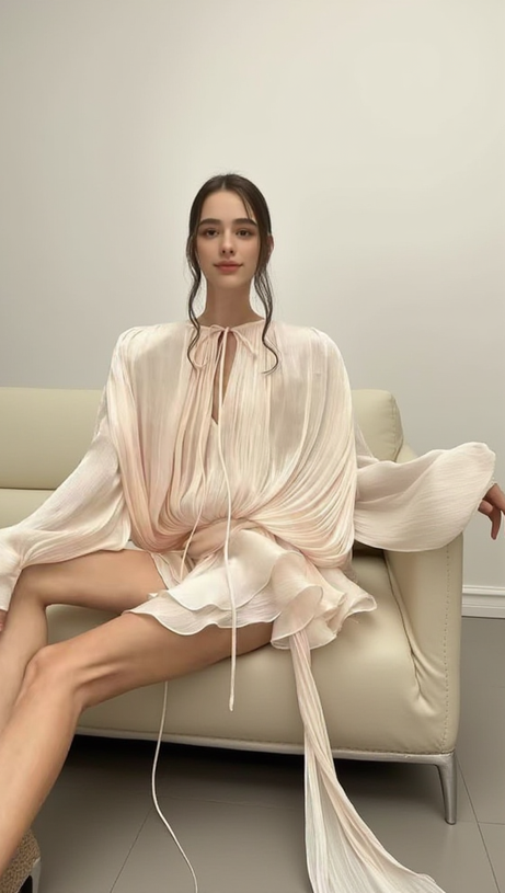 Aprikosenfarbenes, langärmliges Minikleid mit Schleife 