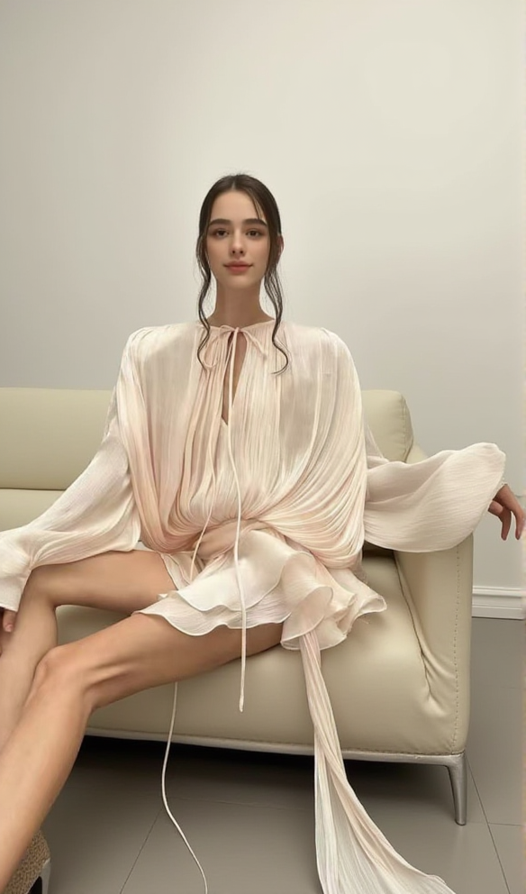 Aprikosenfarbenes, langärmliges Minikleid mit Schleife 