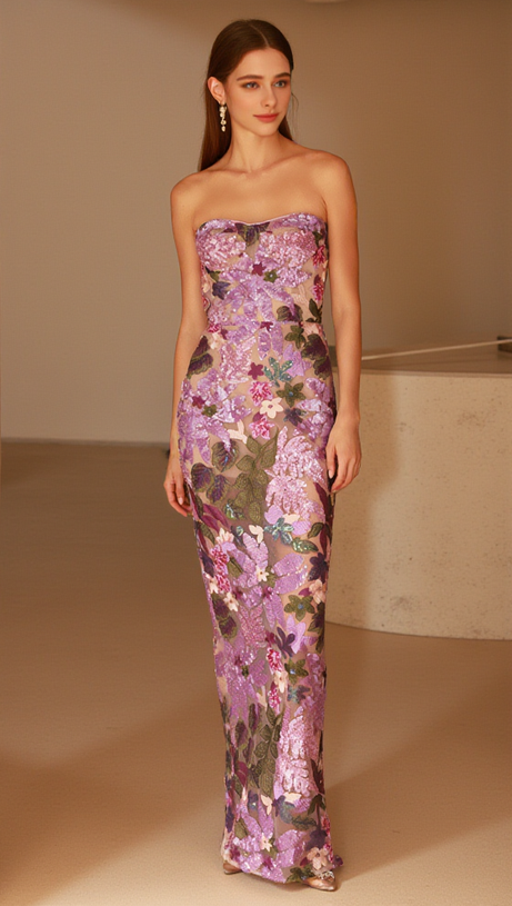 OFF-SHOULDER WITH 3D MESH EMBROIDERED SEQUINS MAXI DRESS PURPLE