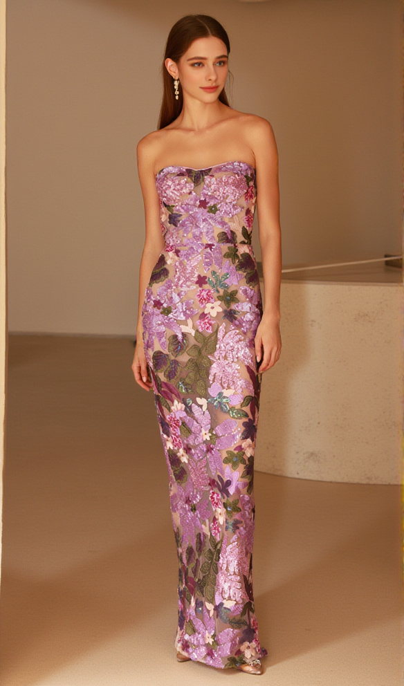 OFF-SHOULDER WITH 3D MESH EMBROIDERED SEQUINS MAXI DRESS PURPLE