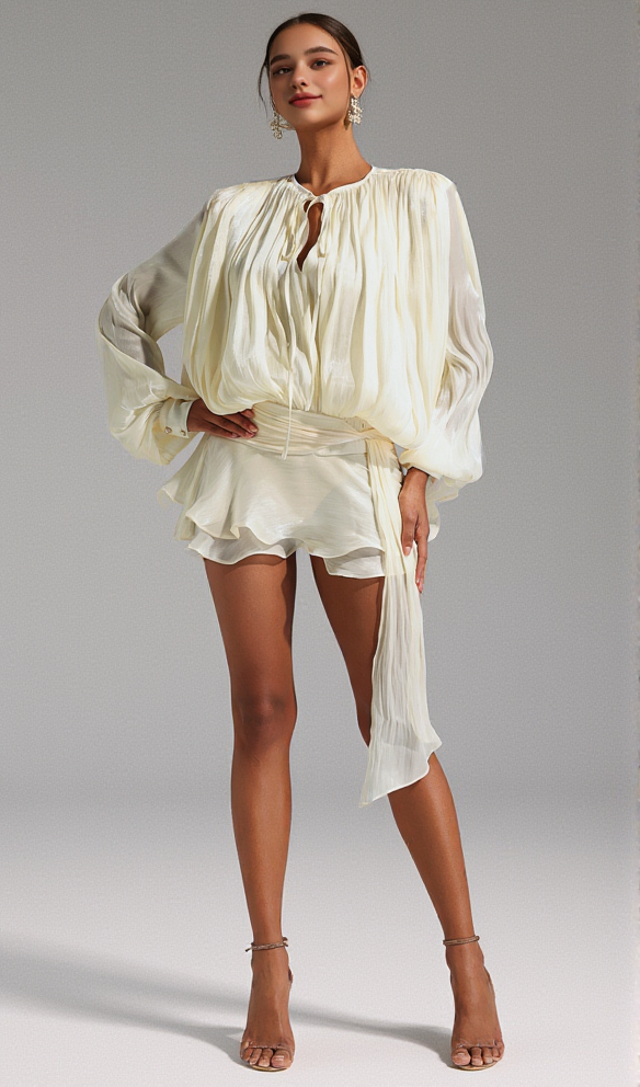 Weißes langärmliges Minikleid mit Schleife 