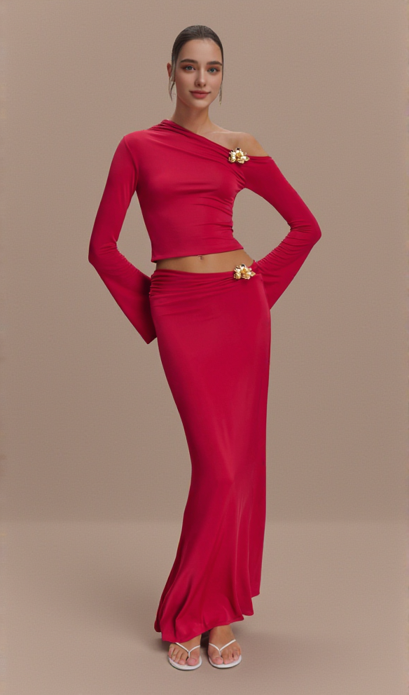 AIIZIE SLANT COLLAR HIGH WAIST SLIM LONG SKIRT RED SUIT - product image
