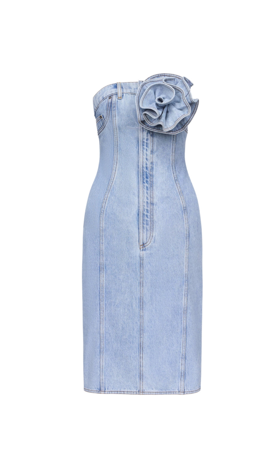 Trägerloses Midikleid mit Blumen-Corsage in hellem Waschblau