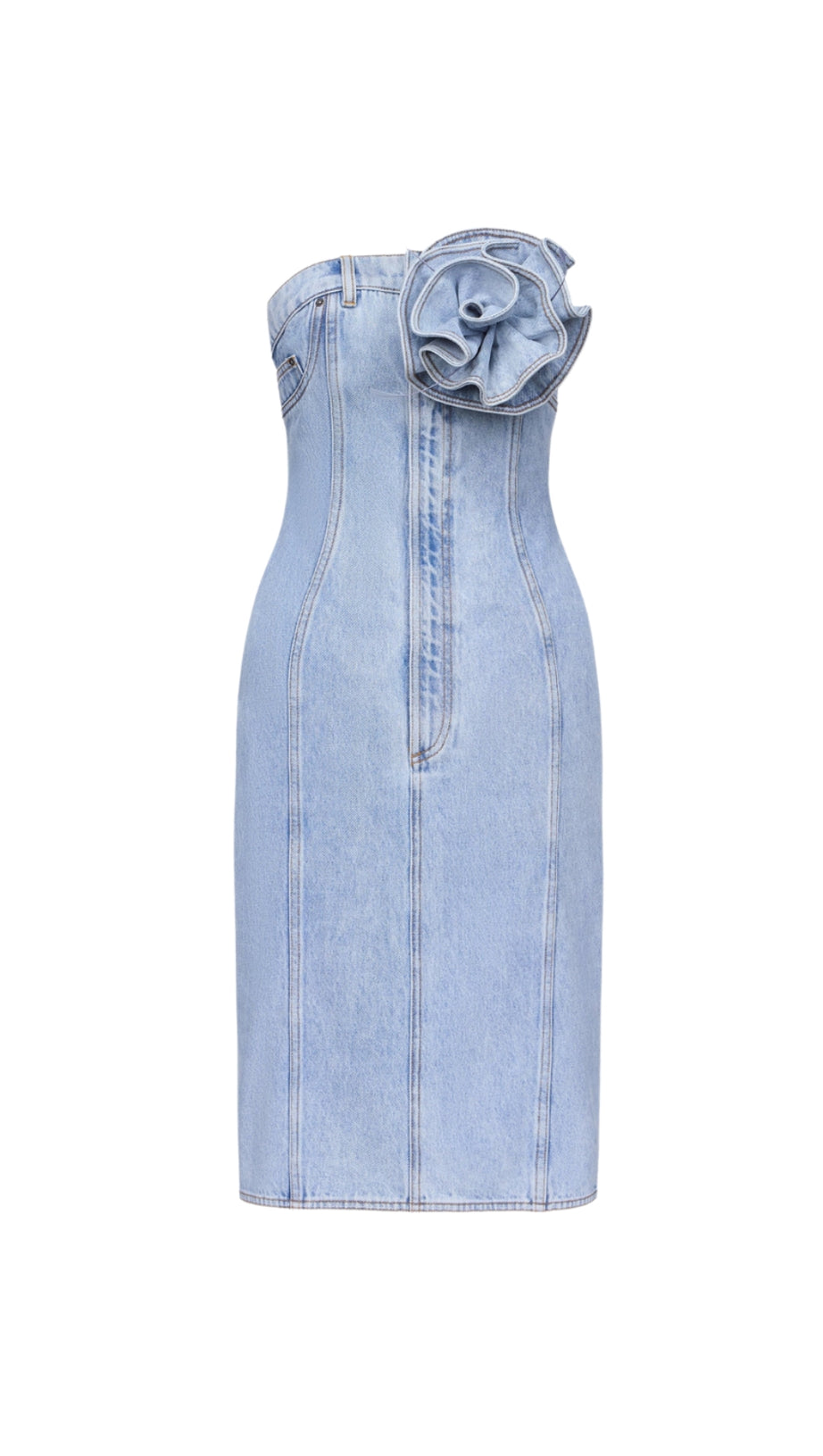 FLOWER CORSAGE STRAPLESS MIDI DRESS IN LIGHT WASH BLUE