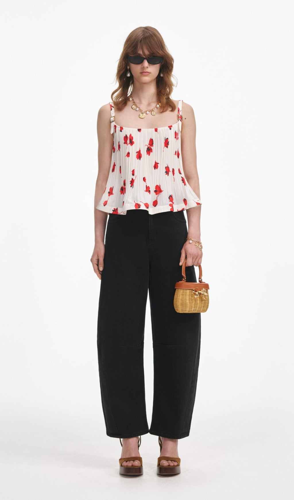 Weißes Plissee-Top mit Blumenmuster