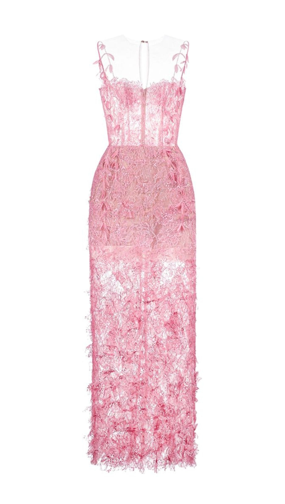 PINK BEADED LACE PENCIL MIDI DRESS