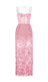 PINK BEADED LACE PENCIL MIDI DRESS