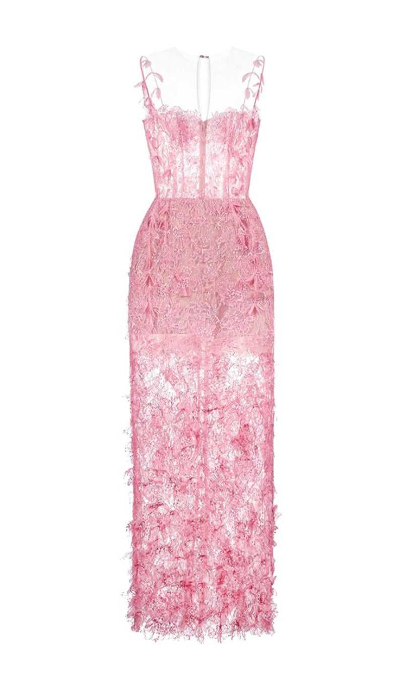 PINK BEADED LACE PENCIL MIDI DRESS