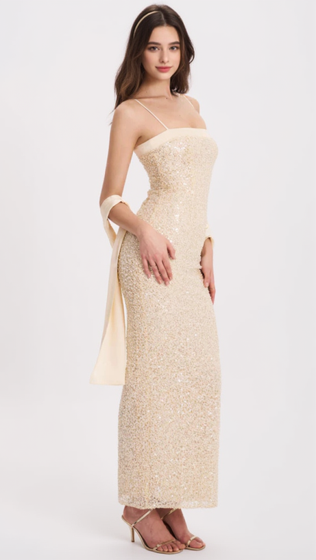 RAIZEL GOLD BEADED SEQUIN BODYCON GOWN WITH SCARF MAXI DRESS