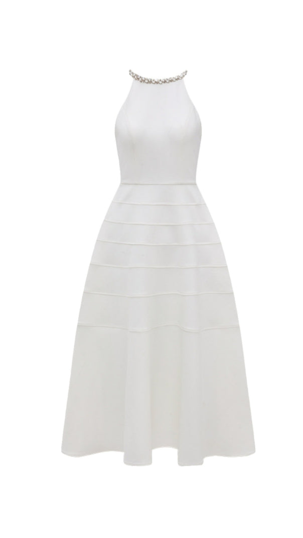 AIIZIE SLEEVELESS HALTER NECK WITH DIAMOND MIDI DRESS IN WHITE - product image