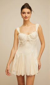 atalanta embellished flared mini dress in cream-white