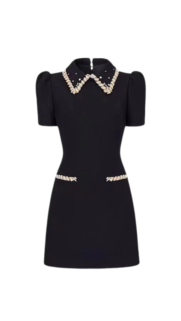 AIIZIE PEARL EMBELLISHED GOLD CHAIN PUFF MINI DRESS IN BLACK - product image