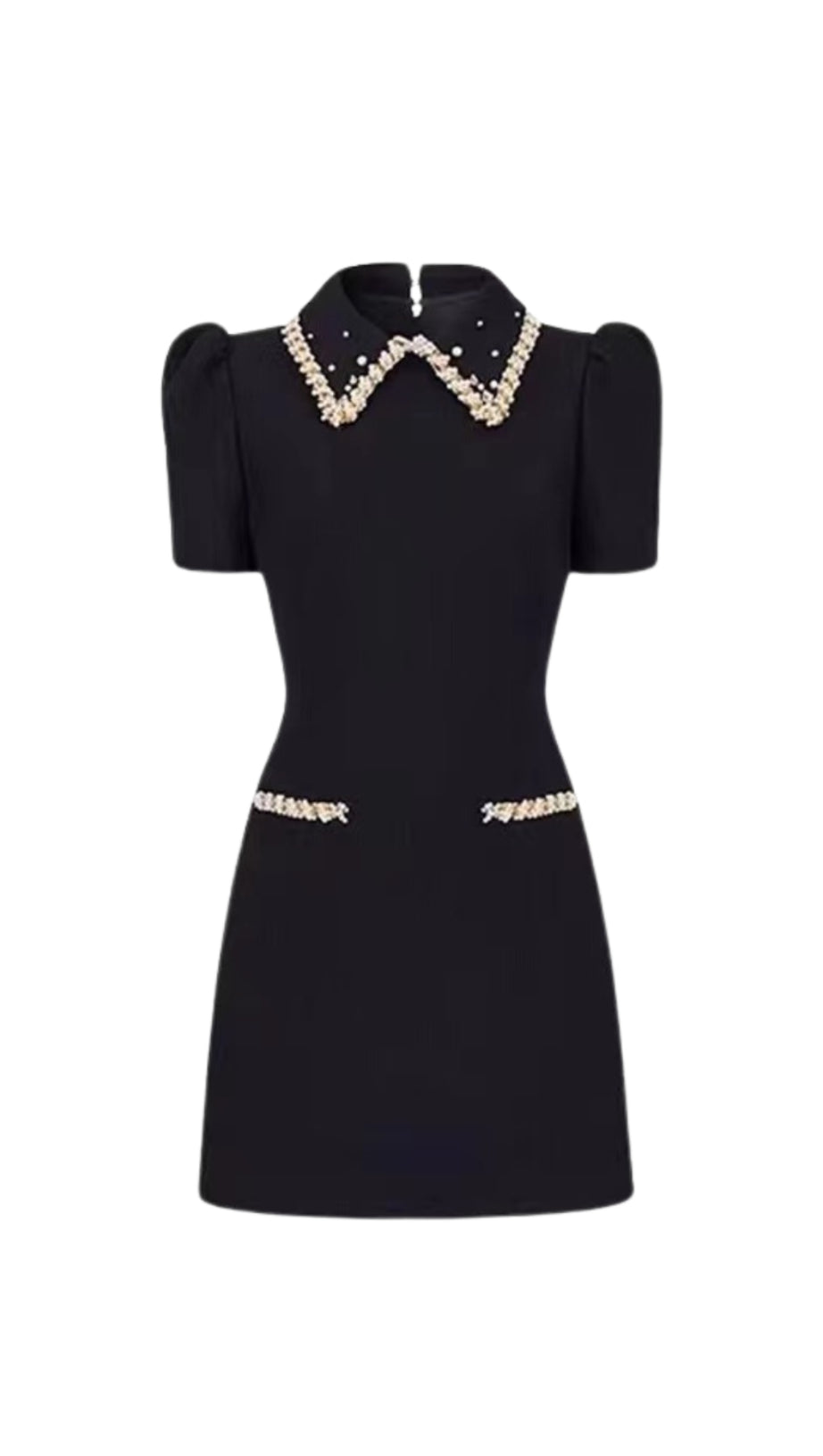 PEARL EMBELLISHED GOLD CHAIN PUFF MINI DRESS IN BLACK