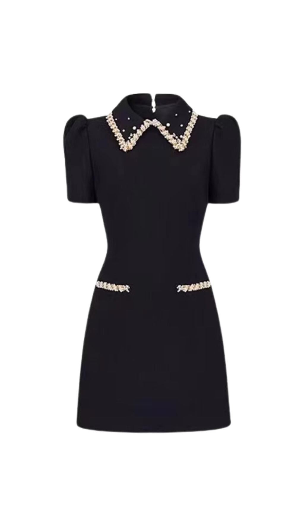 PEARL EMBELLISHED GOLD CHAIN PUFF MINI DRESS IN BLACK