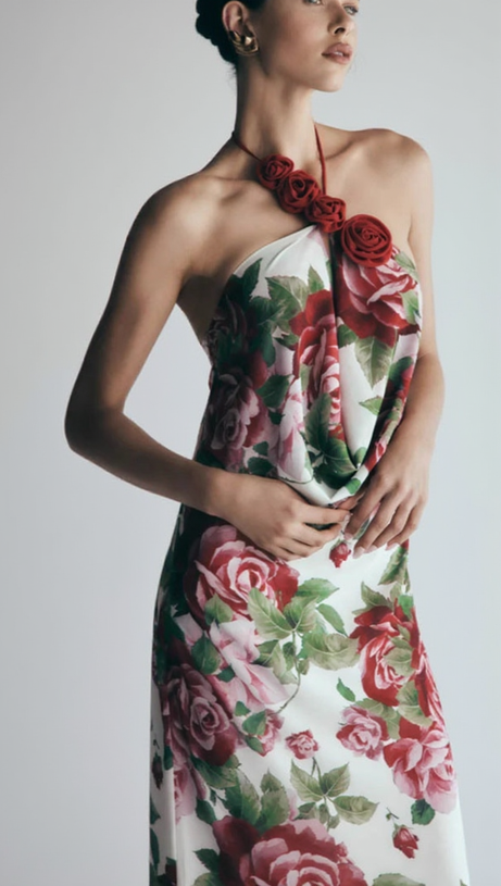 MULTICOLOR FLORAL HALTERNECK HIGH COLLAR MAXI DRESS