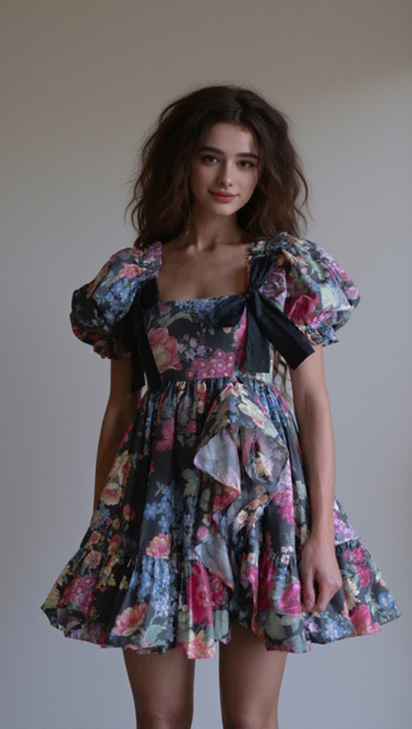BASIA FLORAL PRINT RUFFLE TRIM HEM PUFF MINI DRESS