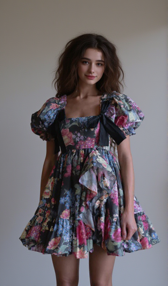 BASIA FLORAL PRINT RUFFLE TRIM HEM PUFF MINI DRESS