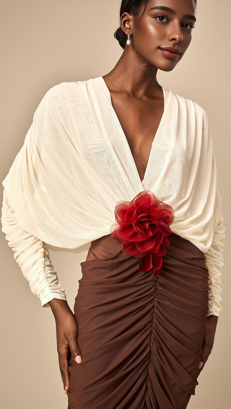 LONG SLEEVE TWO-TONE PLEATED MIDI DRESS IN BROWN