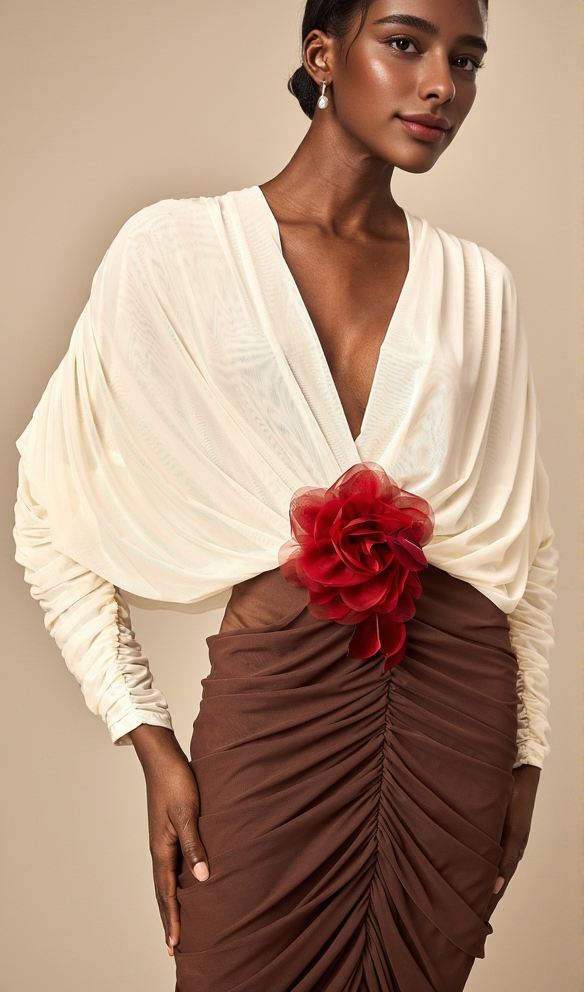 Long Sleeve Two-Tone pleated Midi Dress in Brown