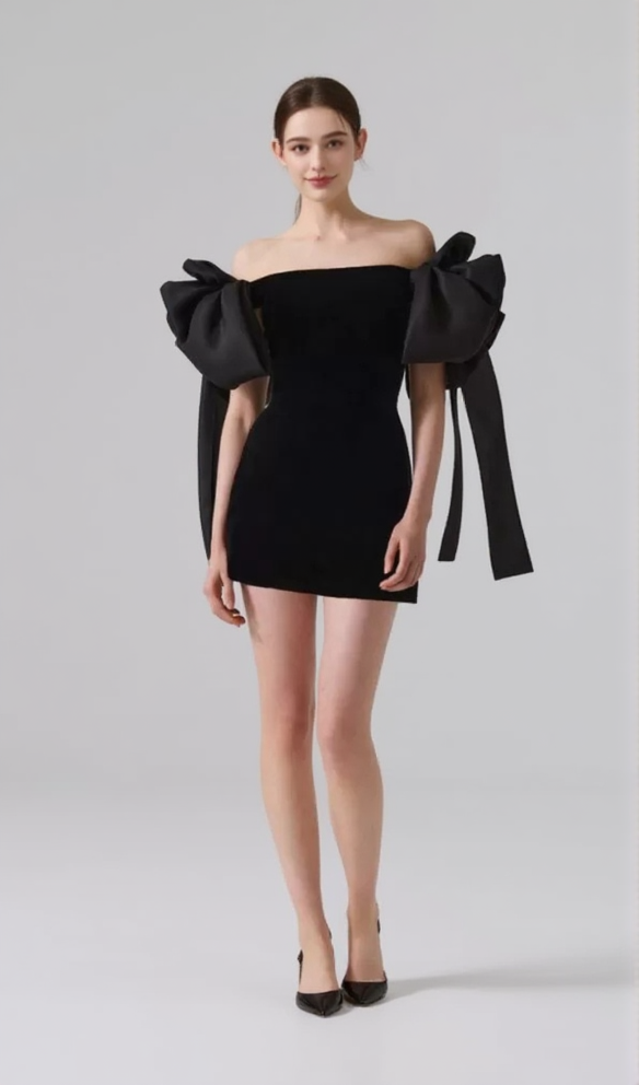 JULIE BOW OFF-SHOULDER MINI DRESS IN BLACK