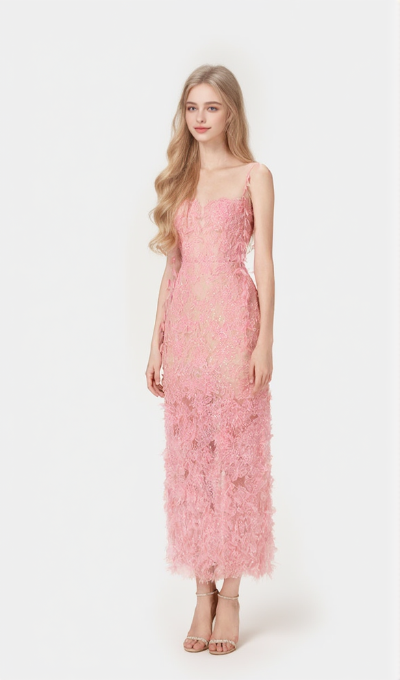 PINK BEADED LACE PENCIL MIDI DRESS
