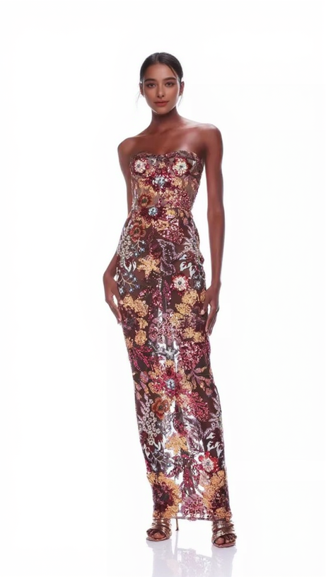STRAPLESS DAHLIA SEQUINS EMBROIDERED MAXI DRESS