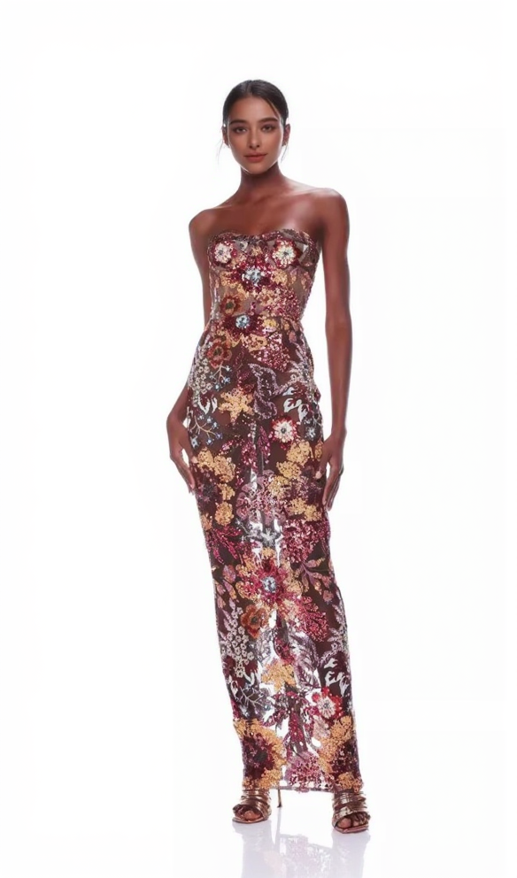 STRAPLESS DAHLIA SEQUINS EMBROIDERED MAXI DRESS
