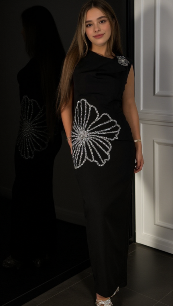 AIIZIE SLEEVELESS STRAIGHT-LEG FLOWER MAXI DRESS BLACK - product image