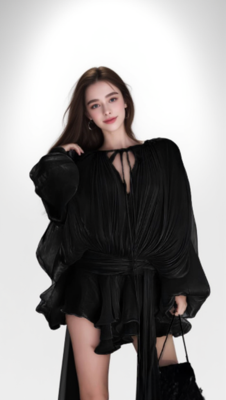 Schwarzes langärmliges Minikleid mit Schleife 