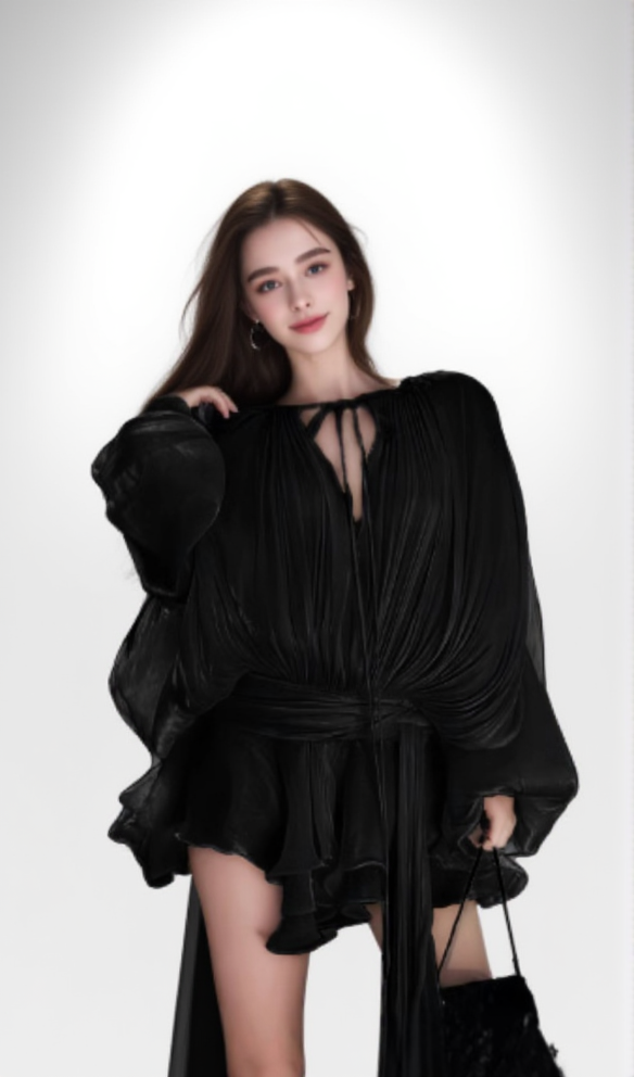 Schwarzes langärmliges Minikleid mit Schleife 