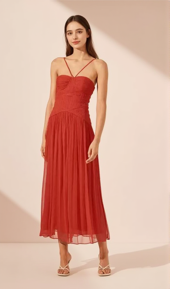 trägerloser Bodysuit, plissiertes rotes langes Midikleid