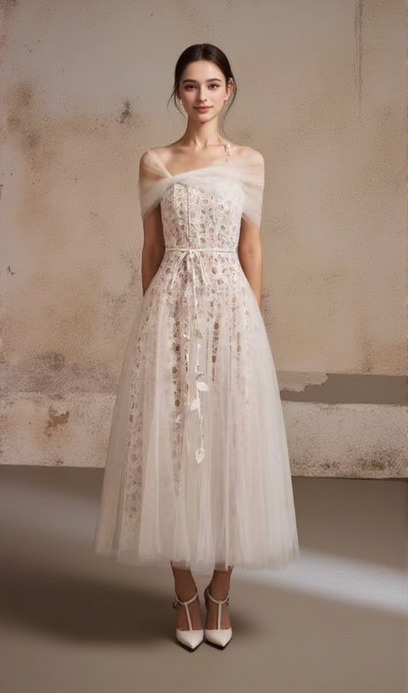 Elegantes langes Midikleid aus Spitze im Feen-Cape-Design