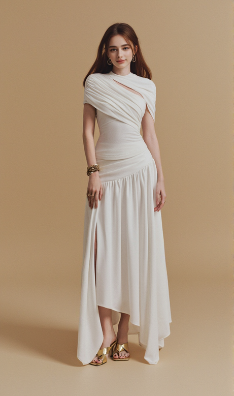 CASSIA Asymmetrical ruched top Midi Skirt set in white
