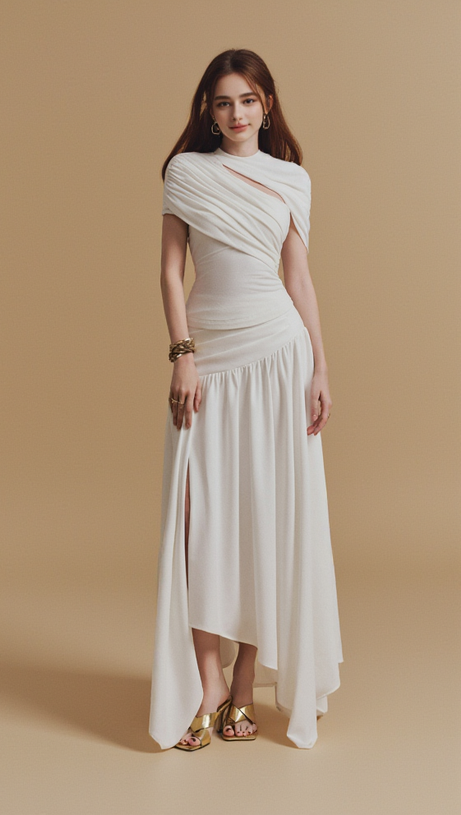 CASSIA – Asymmetrisches Midirock-Set mit gerüschtem Oberteil in Weiß