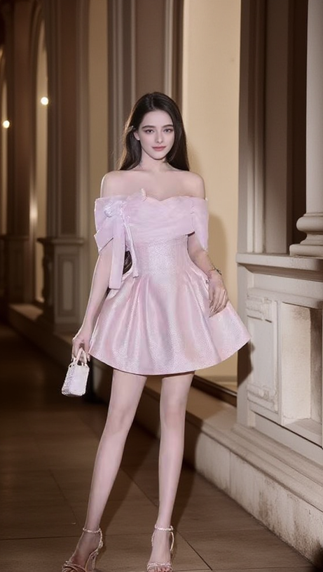 ASHLEY BOW STRAPLESS PUFF MINI DRESS IN PINK