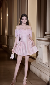 ashley bow strapless Puff mini dress in pink