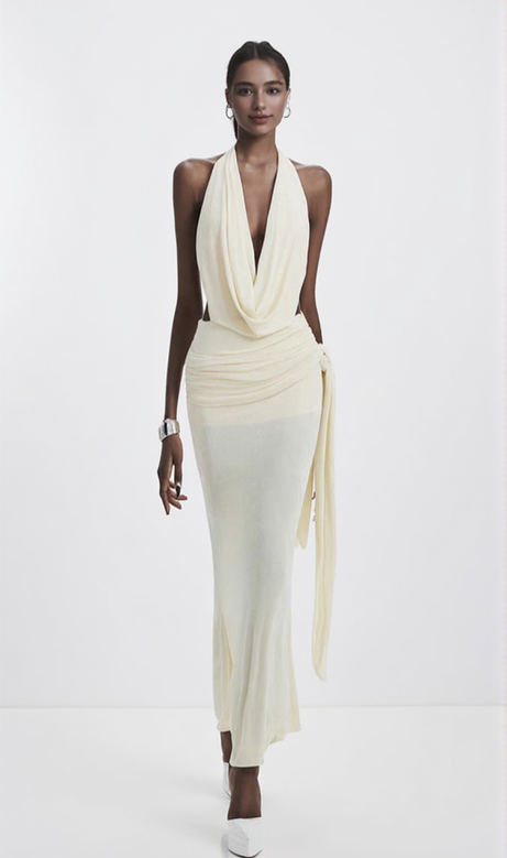 carol ruched halter bodycon maxi dress in white