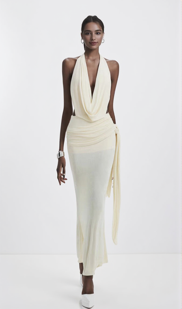 CAROL RUCHED HALTER BODYCON MAXI DRESS IN WHITE