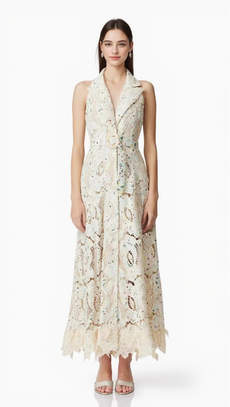 CHLOE SLEEVELESS HOLLOW LACE MAXI DRESS IN BEIGE