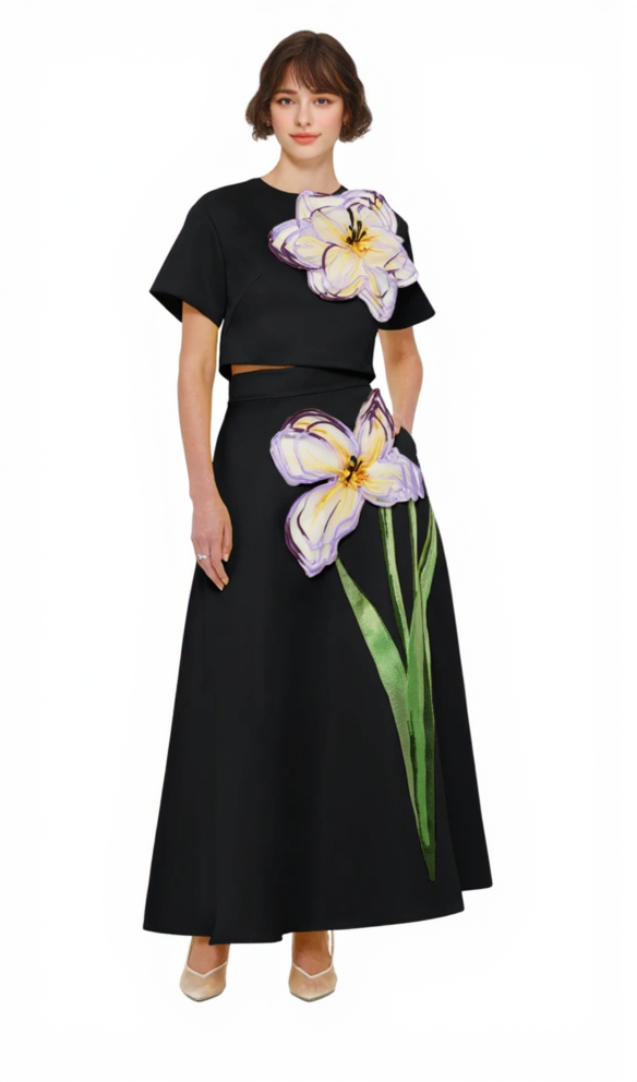 Indie Appliqué Sleeve Iris Print set in black