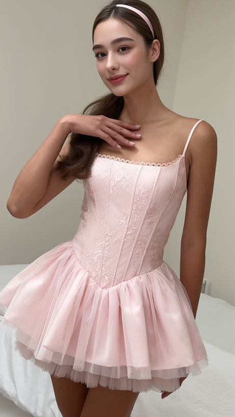 MINI ABITO SCOLLO A SCHIENA CON FIOCCO IN PIZZO CELESTE ROSA