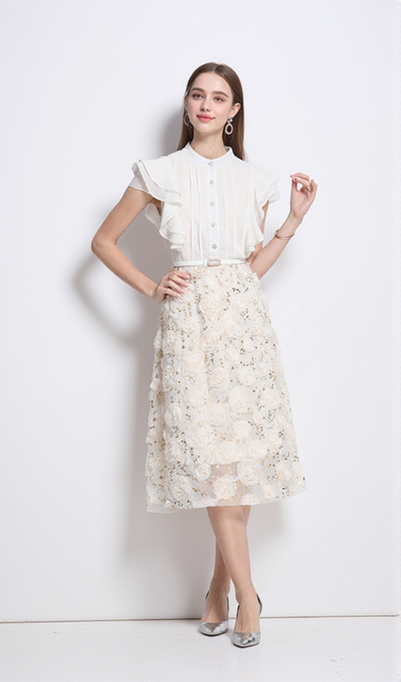DORIS FLOWER EMBELLISHED RUFFLE SLEEVE MIDI DRESS IN APRICOT