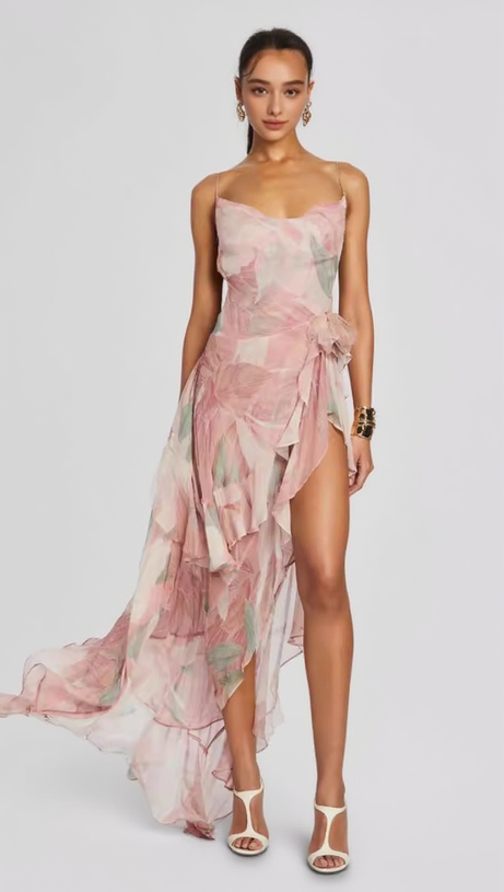 ARES FLORAL-PRINT RUFFLED SILK MIDI DRESS IN PINK
