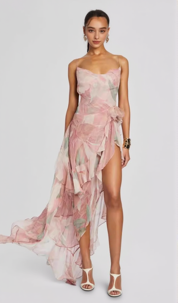 ARES FLORAL-PRINT RUFFLED SILK MIDI DRESS IN PINK