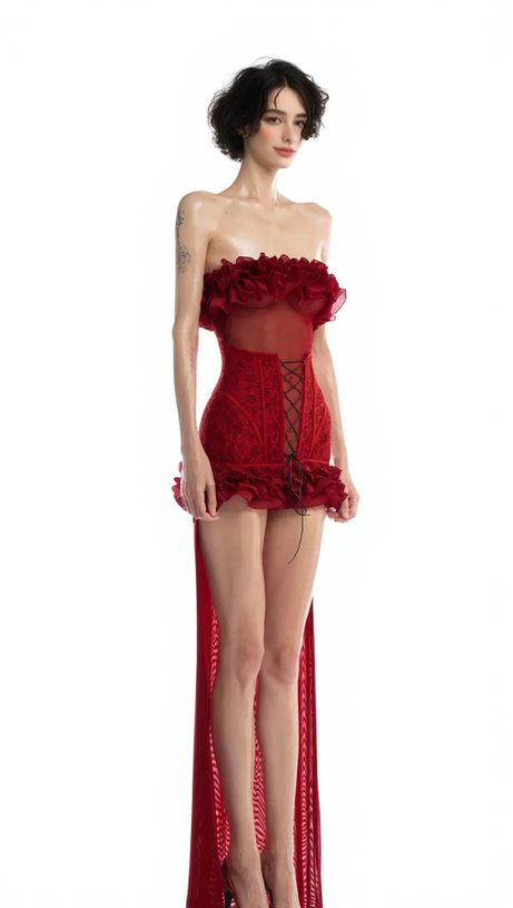 ANNA 3D FLOWER LACE STRAPLESS MINI DRESS IN RED